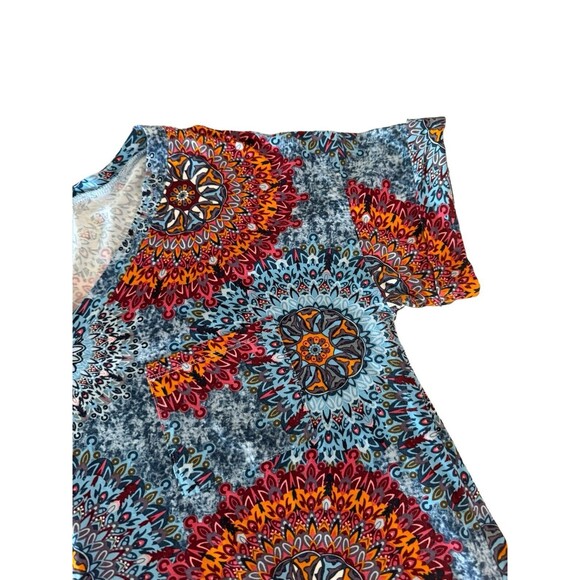 Top Blouse Womens Sz L Blue Orange Red Mandala V-Neck Stretch Tunic Petal - Picture 6 of 8